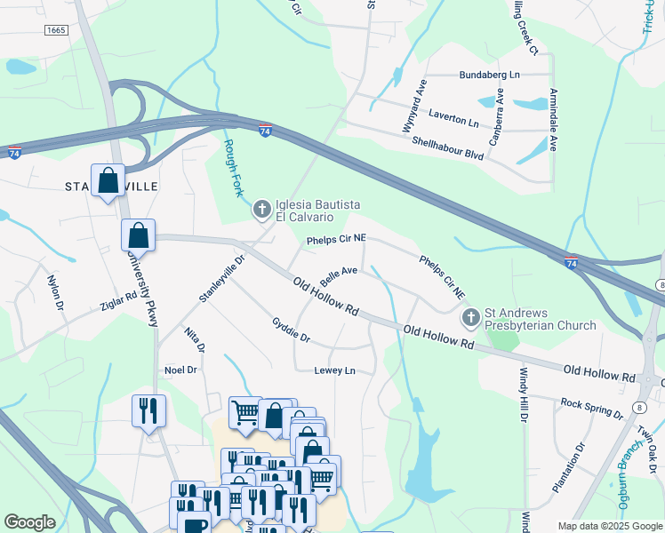 map of restaurants, bars, coffee shops, grocery stores, and more near 5640 Belle Avenue in Winston-Salem
