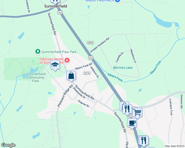 map of restaurants, bars, coffee shops, grocery stores, and more near 7507 Addison Drive in Summerfield