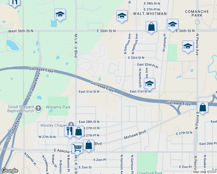 map of restaurants, bars, coffee shops, grocery stores, and more near Gilcrease Expressway in Tulsa