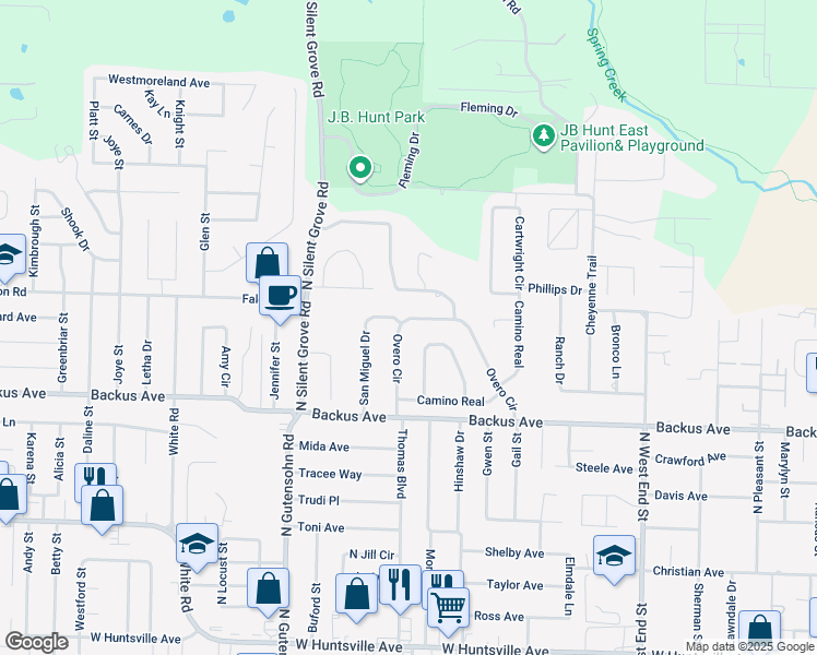 map of restaurants, bars, coffee shops, grocery stores, and more near 1431 Overo Circle in Springdale