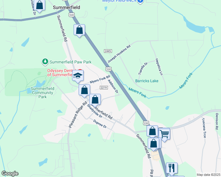 map of restaurants, bars, coffee shops, grocery stores, and more near 7507 Addison Drive in Summerfield