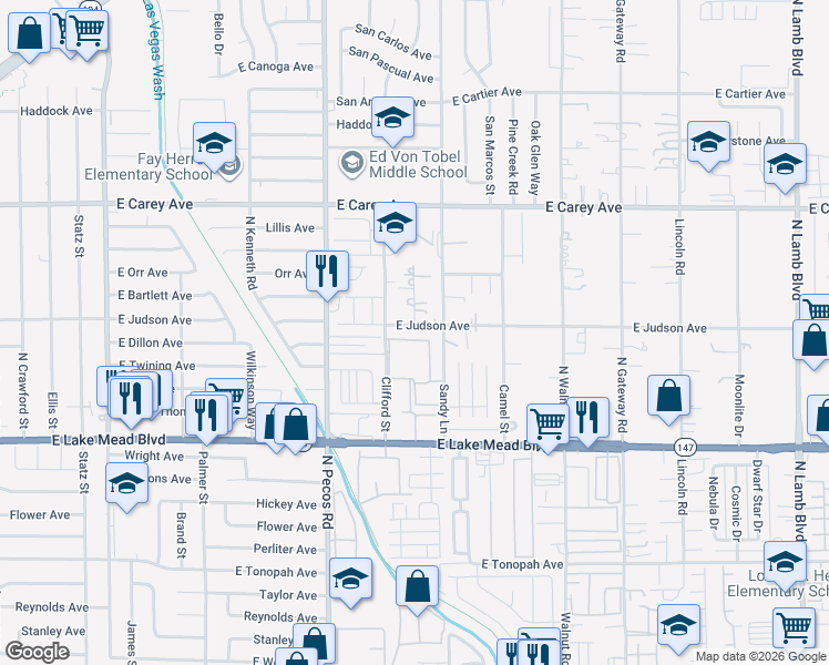 map of restaurants, bars, coffee shops, grocery stores, and more near 3669 Judson Avenue in Las Vegas