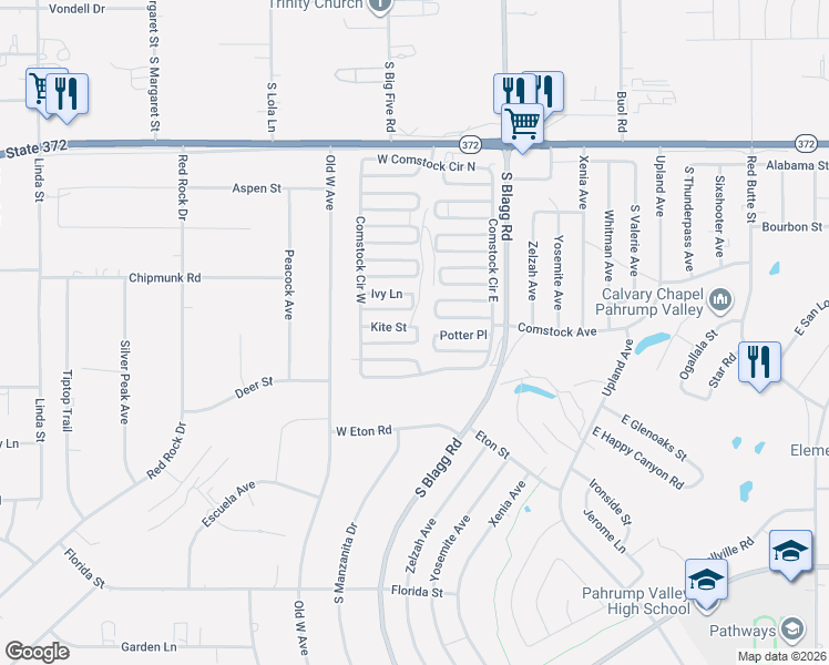 map of restaurants, bars, coffee shops, grocery stores, and more near 211 Kite Street in Pahrump