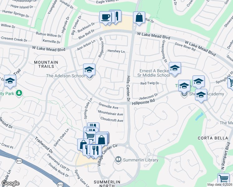 map of restaurants, bars, coffee shops, grocery stores, and more near 9409 Valley Hills Avenue in Las Vegas