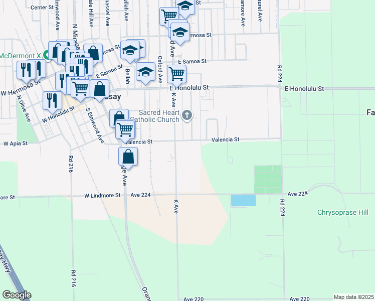 map of restaurants, bars, coffee shops, grocery stores, and more near 328 South Harvard Avenue in Lindsay