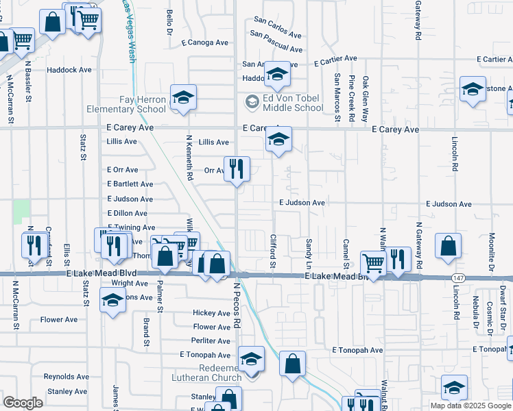 map of restaurants, bars, coffee shops, grocery stores, and more near 3553 Judson Avenue in Las Vegas