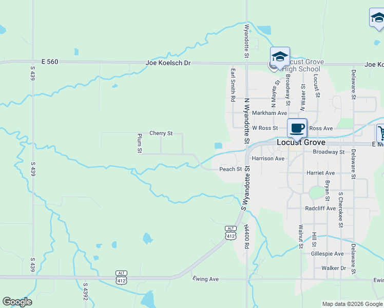map of restaurants, bars, coffee shops, grocery stores, and more near 301 Peach Street in Locust Grove