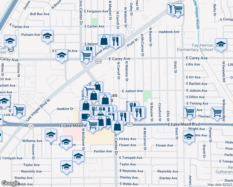 map of restaurants, bars, coffee shops, grocery stores, and more near 2201 North Carroll Street in North Las Vegas