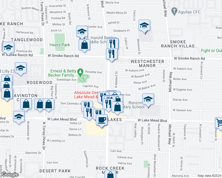 map of restaurants, bars, coffee shops, grocery stores, and more near 2201 La Sombra Street in Las Vegas