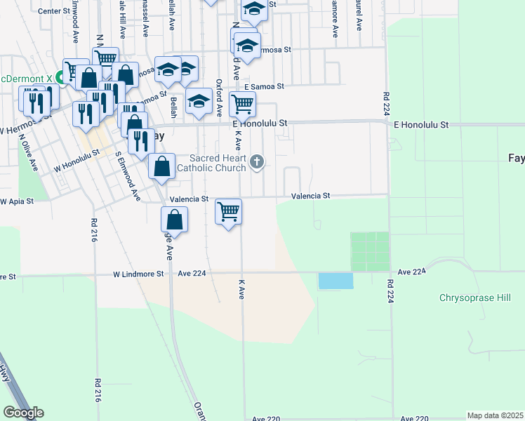 map of restaurants, bars, coffee shops, grocery stores, and more near 328 South Harvard Avenue in Lindsay