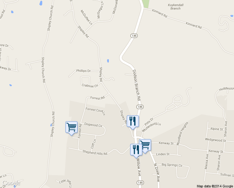 map of restaurants, bars, coffee shops, grocery stores, and more near 1189 Shipley Road in Cookeville