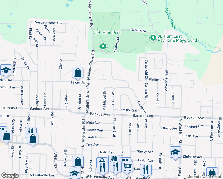 map of restaurants, bars, coffee shops, grocery stores, and more near 1431 Overo Circle in Springdale