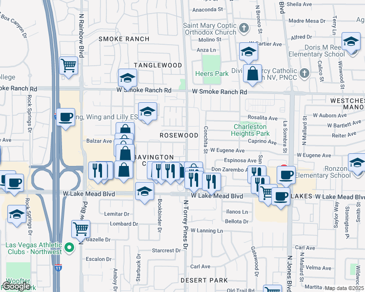 map of restaurants, bars, coffee shops, grocery stores, and more near 2141 Twickenham Place in Las Vegas