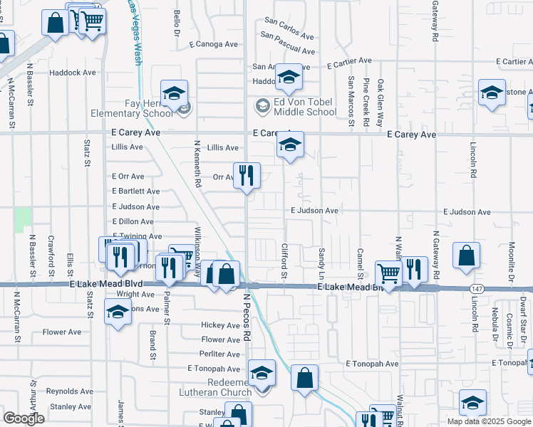map of restaurants, bars, coffee shops, grocery stores, and more near 3553 Judson Avenue in Las Vegas