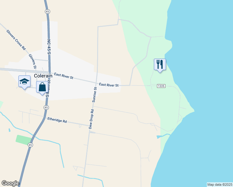 map of restaurants, bars, coffee shops, grocery stores, and more near 604 East River Street in Colerain