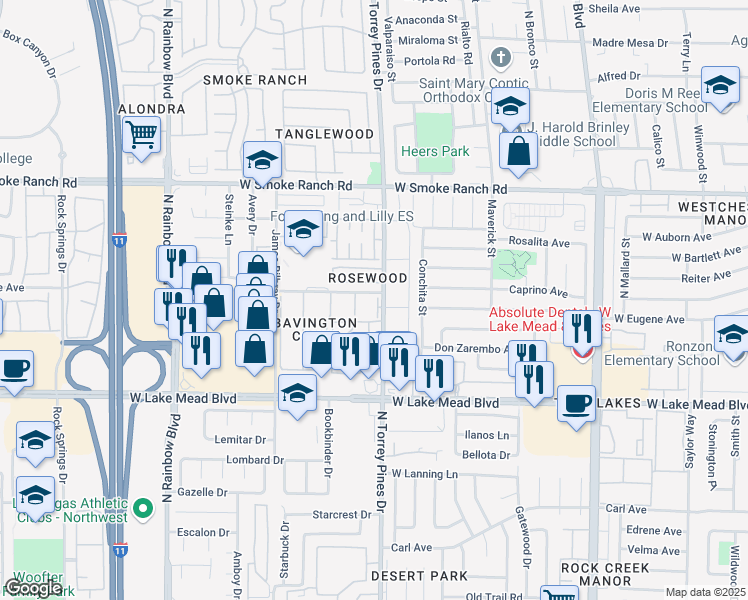 map of restaurants, bars, coffee shops, grocery stores, and more near 2141 Twickenham Place in Las Vegas