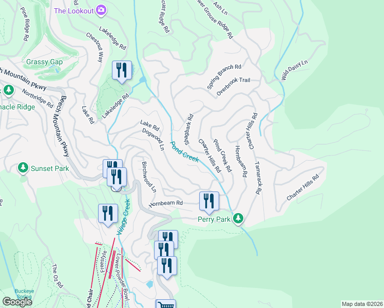 map of restaurants, bars, coffee shops, grocery stores, and more near 111 Shagbark Road in Beech Mountain