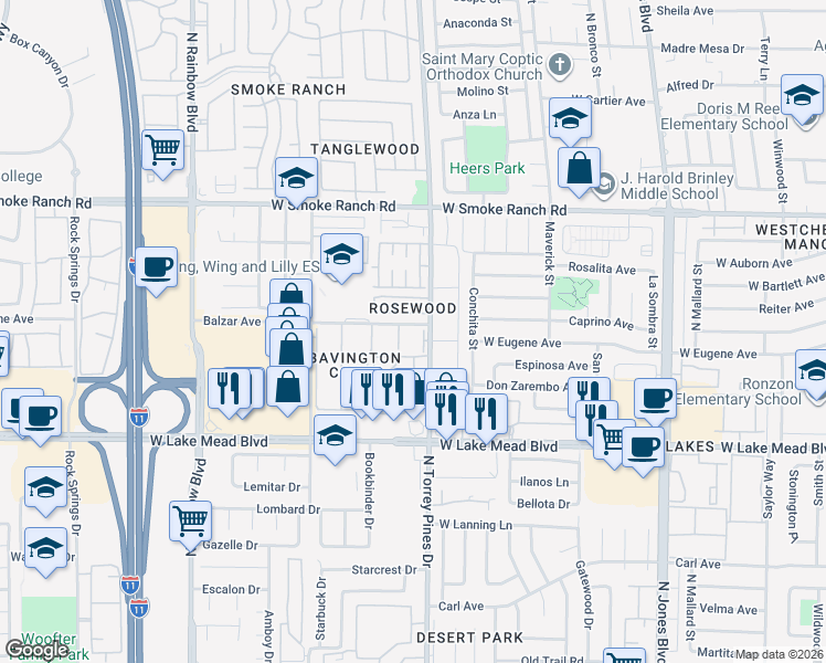 map of restaurants, bars, coffee shops, grocery stores, and more near 2140 Petersham Court in Las Vegas