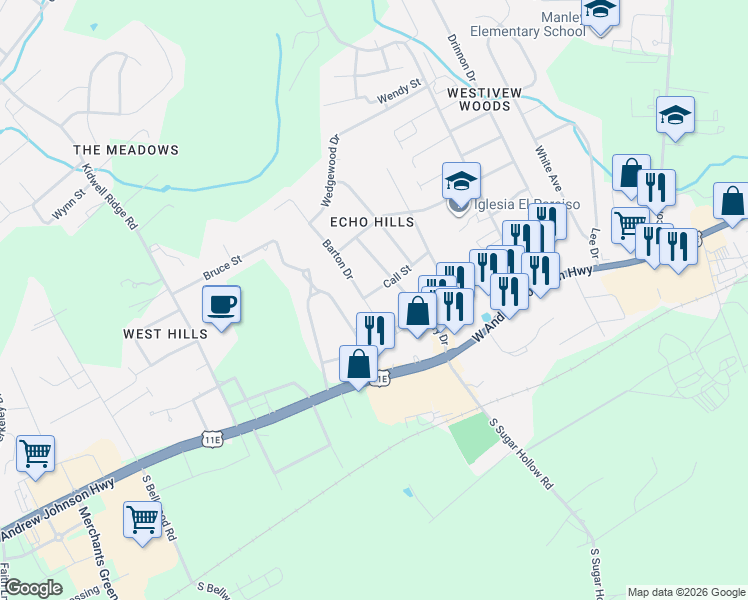 map of restaurants, bars, coffee shops, grocery stores, and more near 3607 Call Street in Morristown