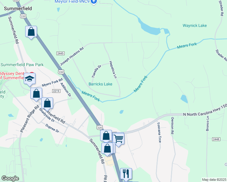 map of restaurants, bars, coffee shops, grocery stores, and more near 7303 Hepatica Lane in Summerfield
