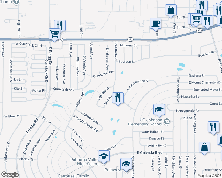 map of restaurants, bars, coffee shops, grocery stores, and more near 1361 Ogallala Street in Pahrump