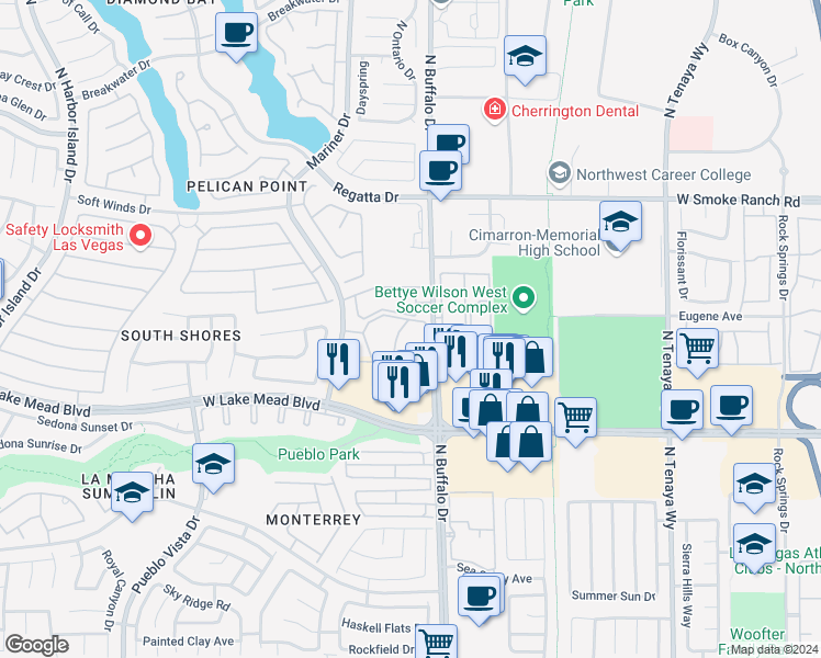 map of restaurants, bars, coffee shops, grocery stores, and more near 2130 Sealion Drive in Las Vegas