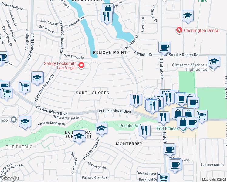 map of restaurants, bars, coffee shops, grocery stores, and more near 7916 Waterfalls Avenue in Las Vegas