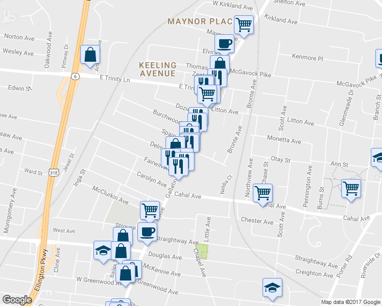map of restaurants, bars, coffee shops, grocery stores, and more near 2704 Gallatin Pike in Nashville