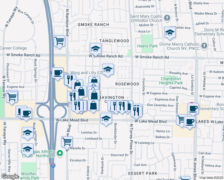 map of restaurants, bars, coffee shops, grocery stores, and more near 2140 Willowbury Drive in Las Vegas