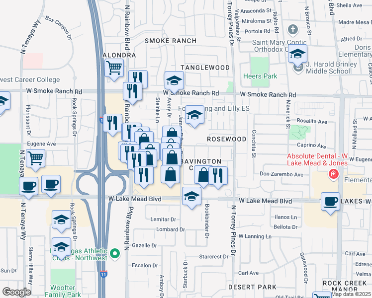 map of restaurants, bars, coffee shops, grocery stores, and more near 2136 Bavington Drive in Las Vegas