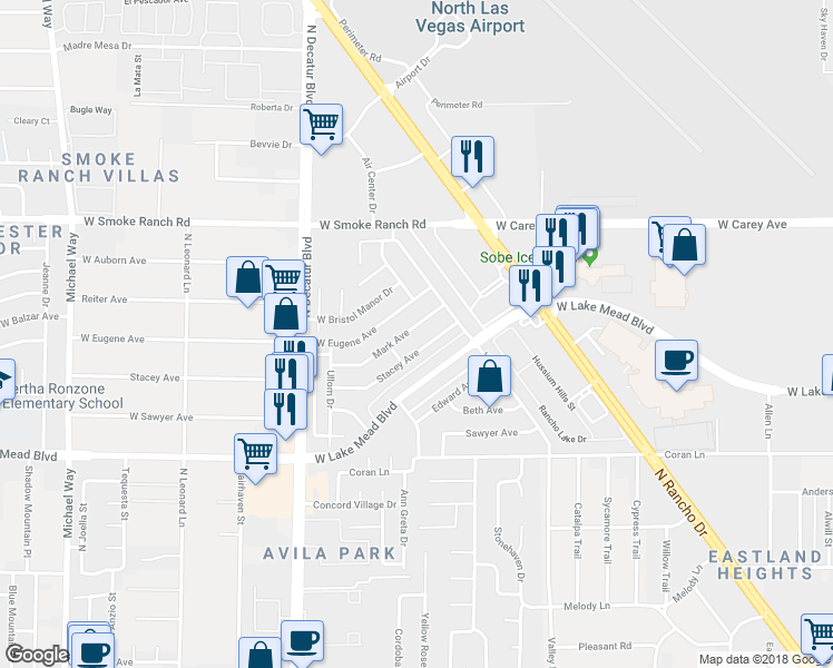 map of restaurants, bars, coffee shops, grocery stores, and more near 4409 Mark Ave in Las Vegas