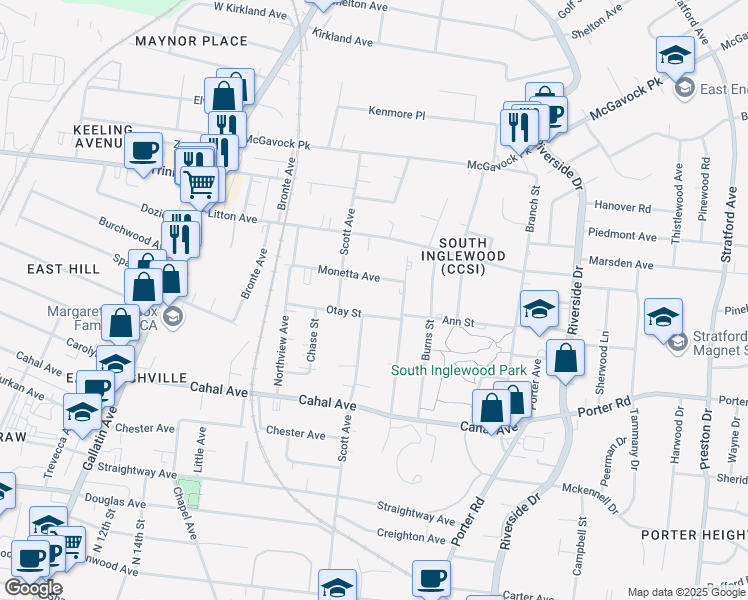 map of restaurants, bars, coffee shops, grocery stores, and more near 1413C Otay Street in Nashville