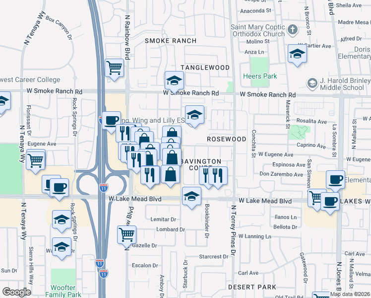 map of restaurants, bars, coffee shops, grocery stores, and more near 2136 Bavington Drive in Las Vegas
