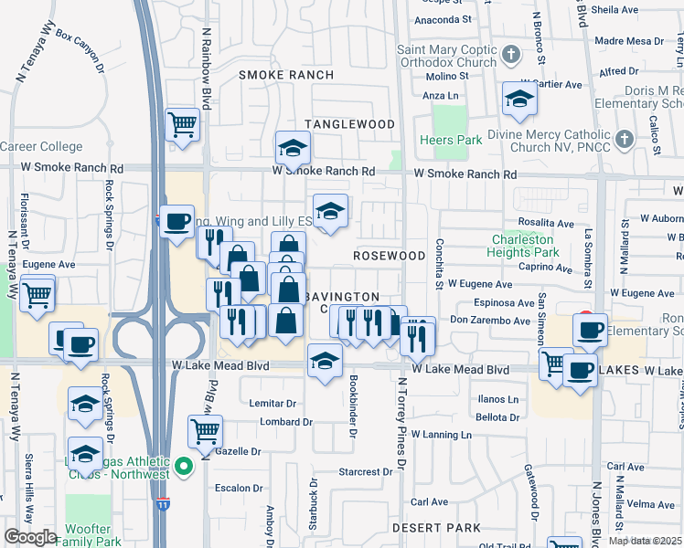 map of restaurants, bars, coffee shops, grocery stores, and more near 2140 Willowbury Drive in Las Vegas