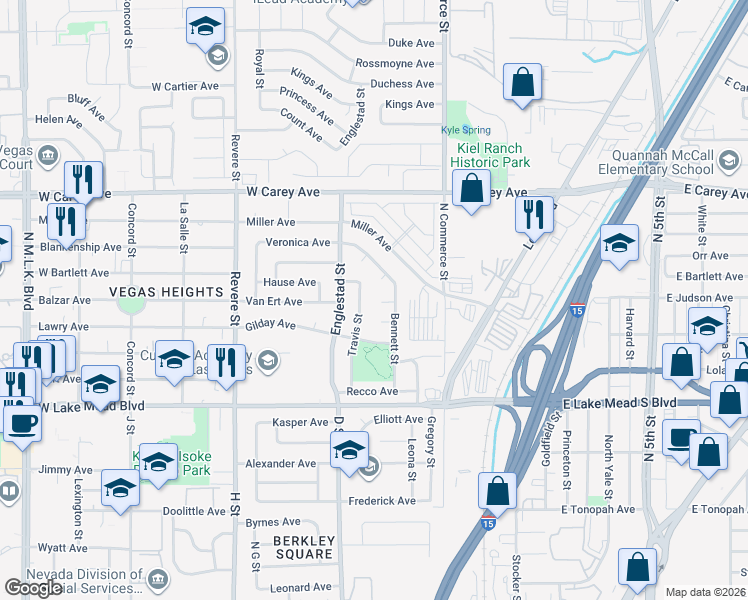 map of restaurants, bars, coffee shops, grocery stores, and more near 420 Kris Circle in North Las Vegas