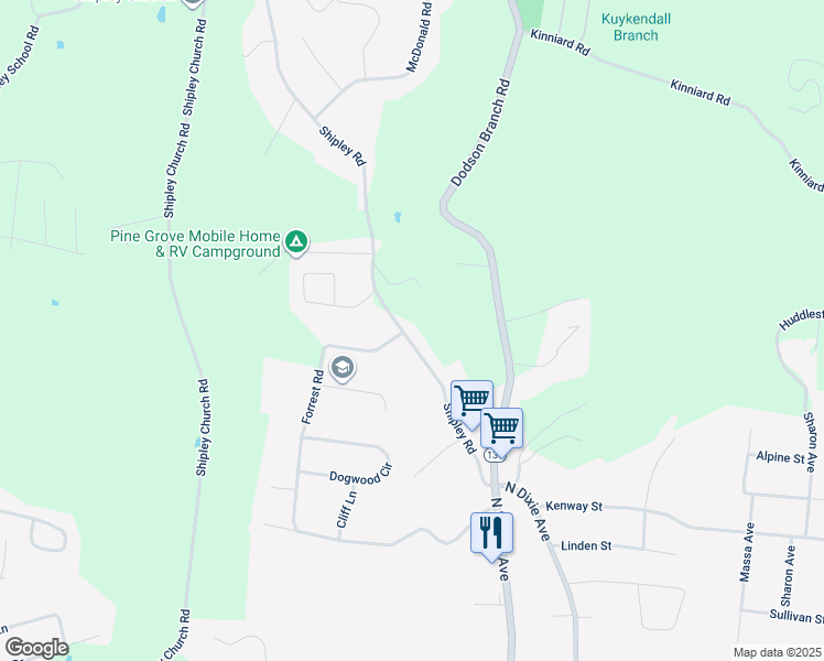 map of restaurants, bars, coffee shops, grocery stores, and more near 1189 Shipley Road in Cookeville