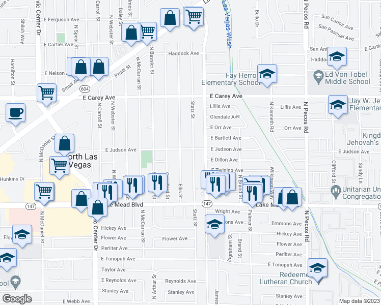 map of restaurants, bars, coffee shops, grocery stores, and more near 2839 Judson Avenue in North Las Vegas