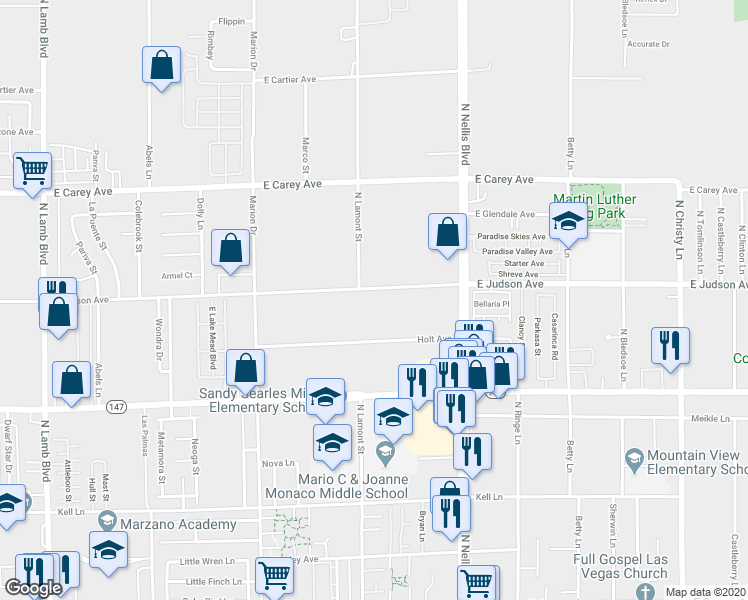 map of restaurants, bars, coffee shops, grocery stores, and more near 4925 Judson Avenue in Las Vegas