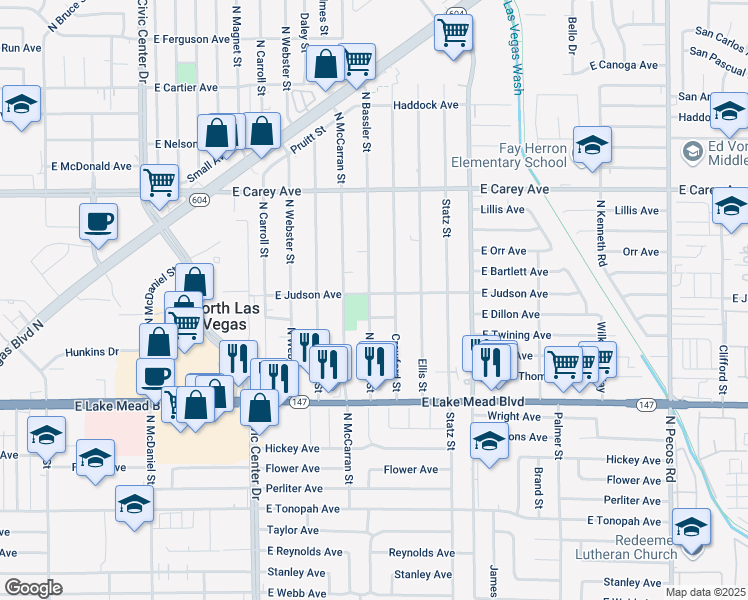 map of restaurants, bars, coffee shops, grocery stores, and more near 2201 Bassler Street in North Las Vegas