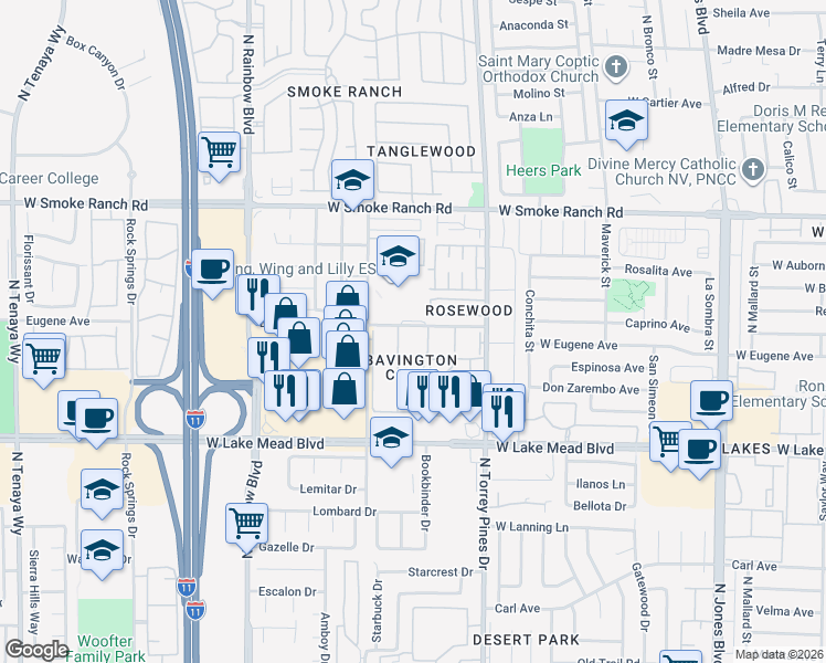 map of restaurants, bars, coffee shops, grocery stores, and more near 2140 Willowbury Drive in Las Vegas