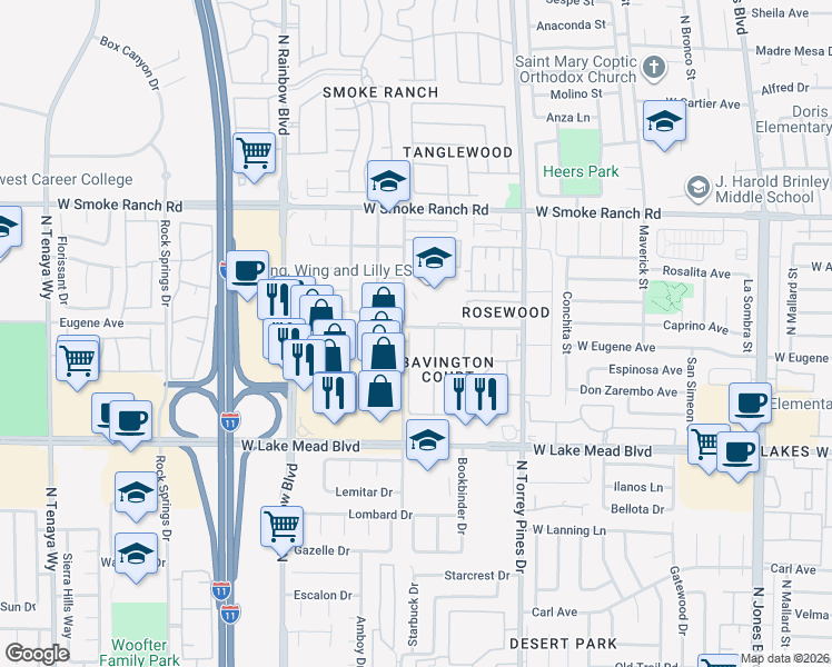 map of restaurants, bars, coffee shops, grocery stores, and more near 2a Bavington Drive in Las Vegas