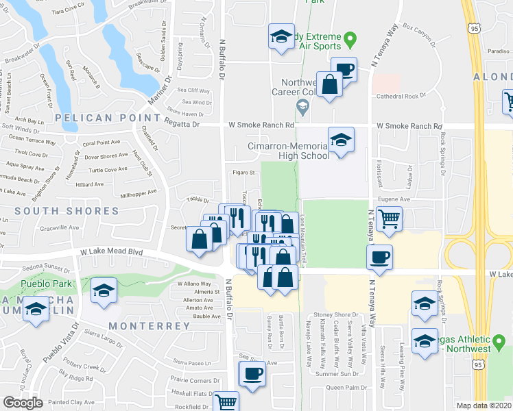 map of restaurants, bars, coffee shops, grocery stores, and more near 2117 Echo Bay in Las Vegas