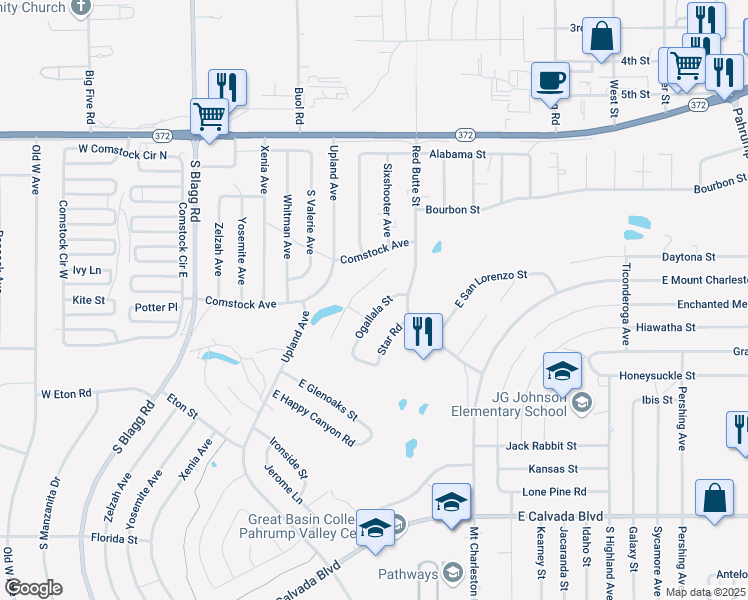 map of restaurants, bars, coffee shops, grocery stores, and more near 1200 Red Butte Street in Pahrump