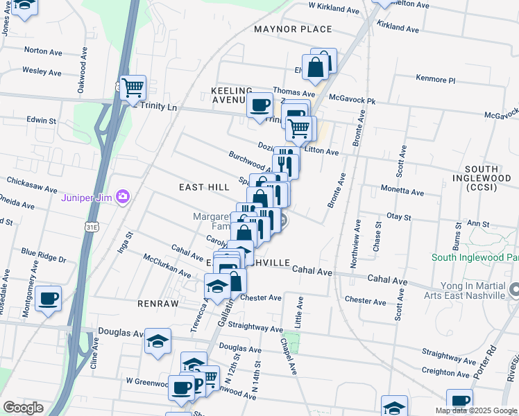 map of restaurants, bars, coffee shops, grocery stores, and more near 1021 Delmas Avenue in Nashville