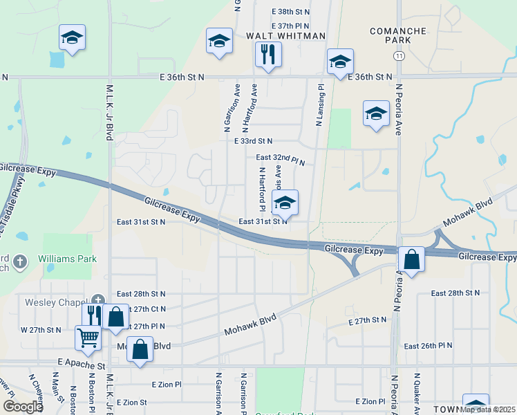 map of restaurants, bars, coffee shops, grocery stores, and more near 3119 North Hartford Avenue in Tulsa