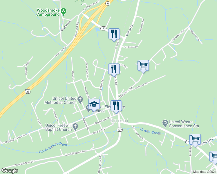 map of restaurants, bars, coffee shops, grocery stores, and more near 225 Washington Street in Unicoi