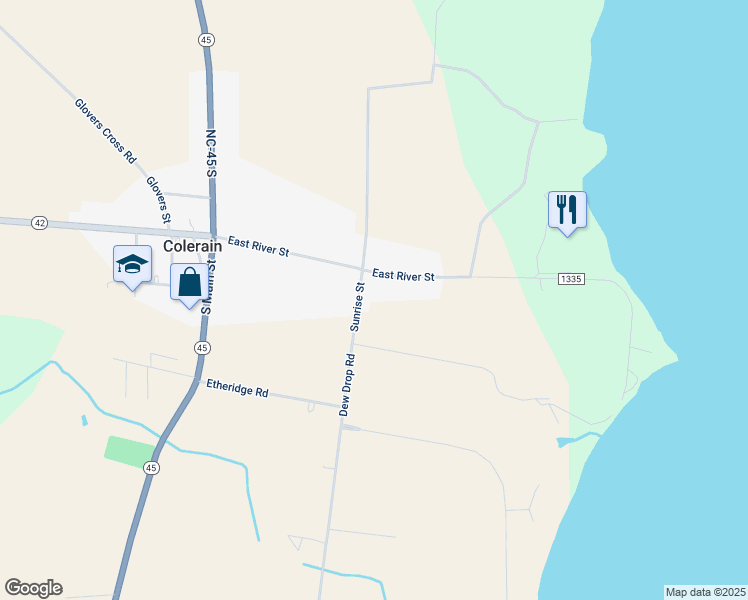 map of restaurants, bars, coffee shops, grocery stores, and more near 107 Sunrise Street in Colerain