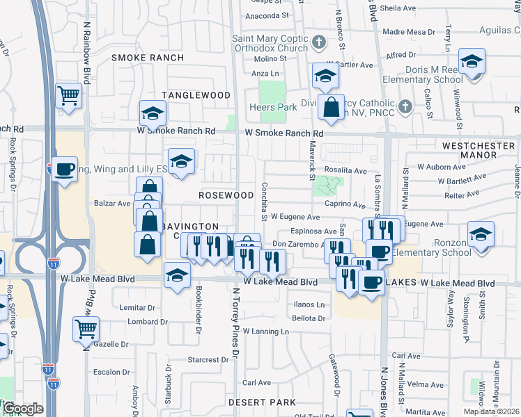 map of restaurants, bars, coffee shops, grocery stores, and more near 2136 Conchita Street in Las Vegas