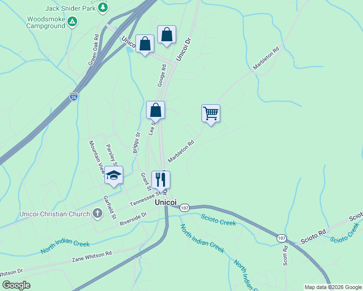 map of restaurants, bars, coffee shops, grocery stores, and more near 203 Marbleton Road in Unicoi