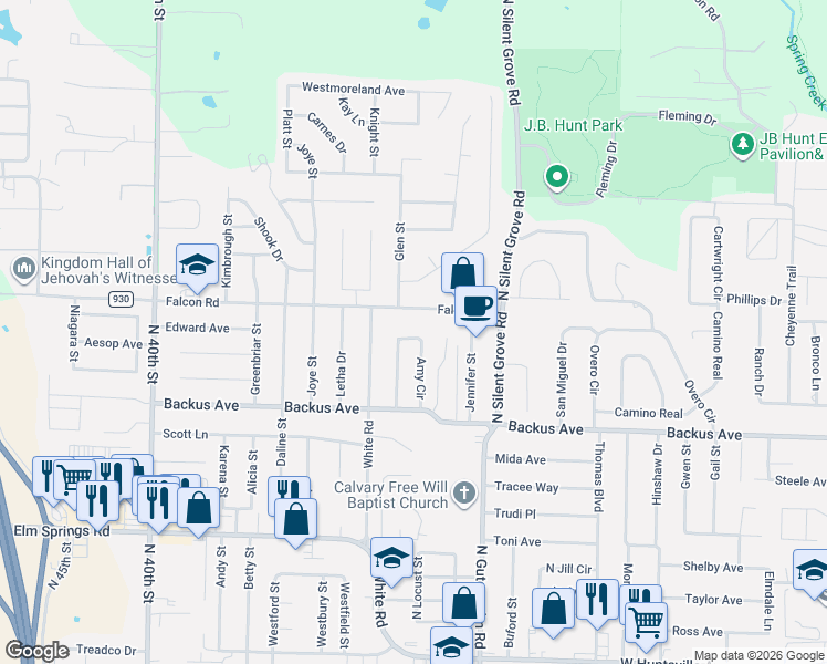 map of restaurants, bars, coffee shops, grocery stores, and more near 1571 Amy Circle in Springdale